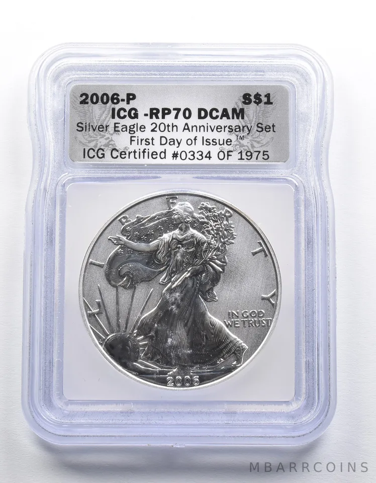 RP70 DCAM 2006-P American Silver Eagle FDOI 20th Anniversary Set ICG a2281