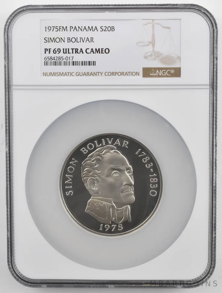 1975 FM Panama 20 Balboas Simon Bolivar Silver PF69 UCam NGC Brown Lbl