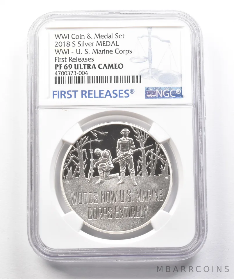 2018 S Silver Medal WWI US Marine Corp Coin & Medal Set FR PF69 UCAM NGC *1153