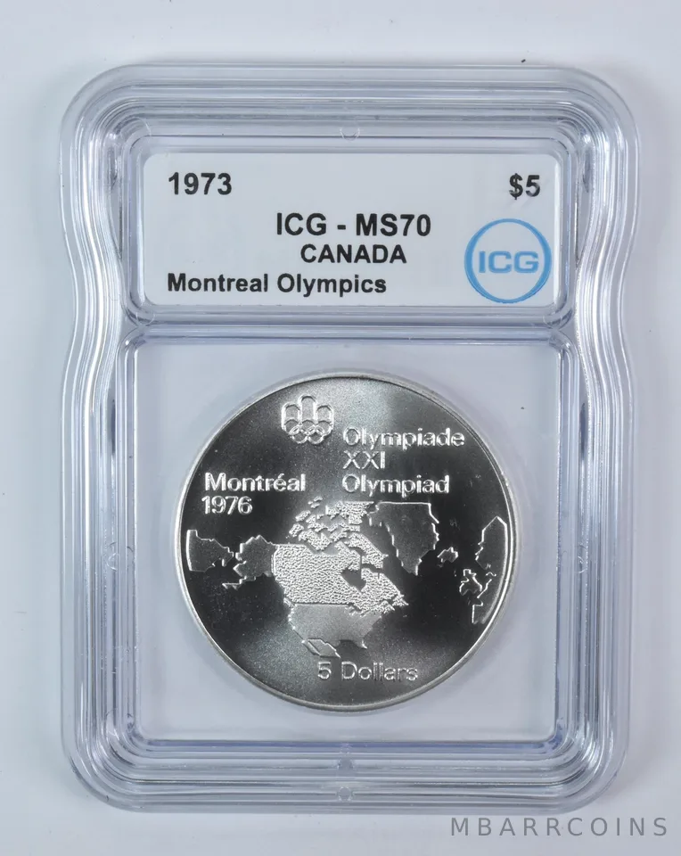 1973 Canada 5 Dollars Silver Montreal Olympics Map Of North America MS70 ICG