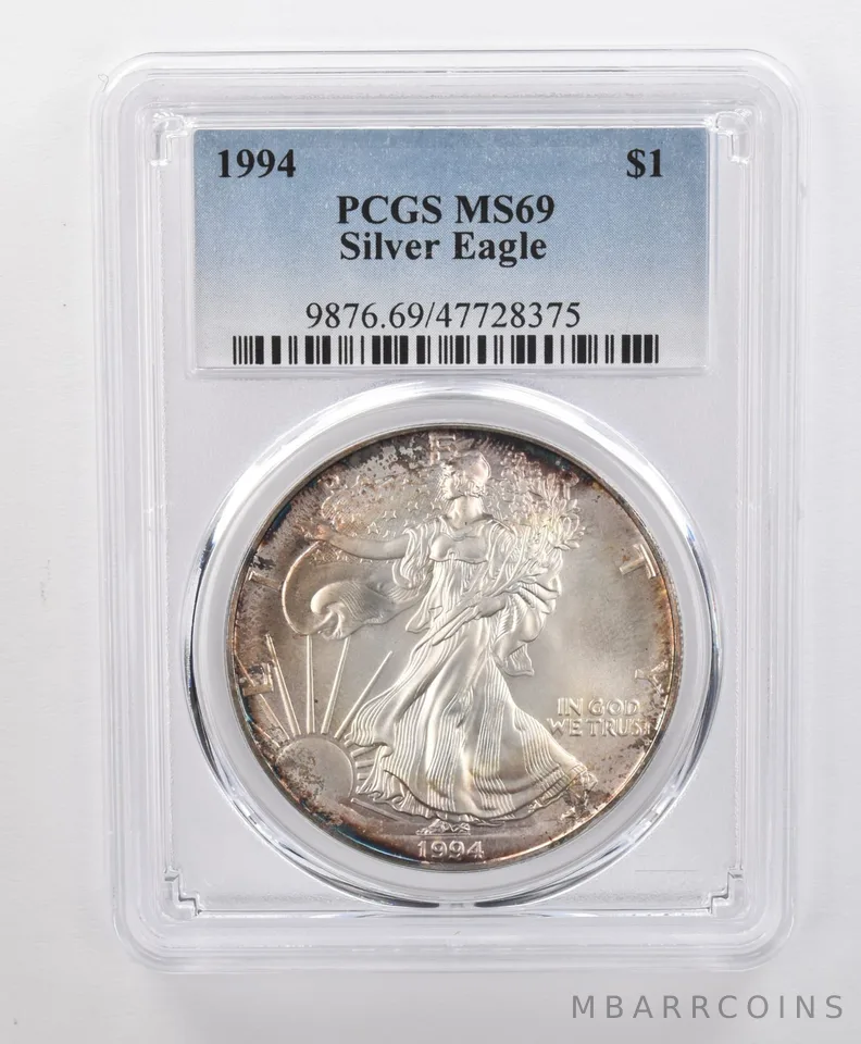 MS69 1994 American Silver Eagle PCGS Blue Peripheral Toning a1673