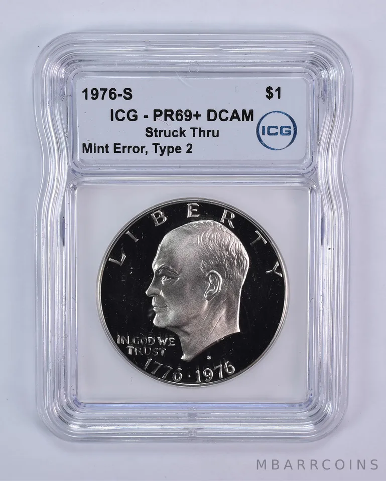 1976-S Eisenhower $1 Type 2 Mint Error Struck Thru PR69+ DCAM ICG