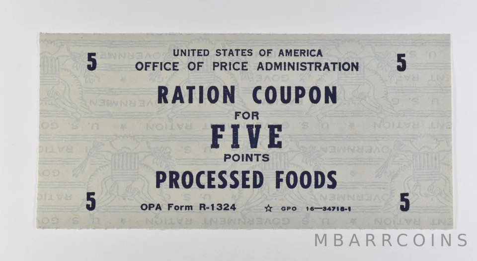 WWII Ration Coupon 5 Points Processed Foods *3185