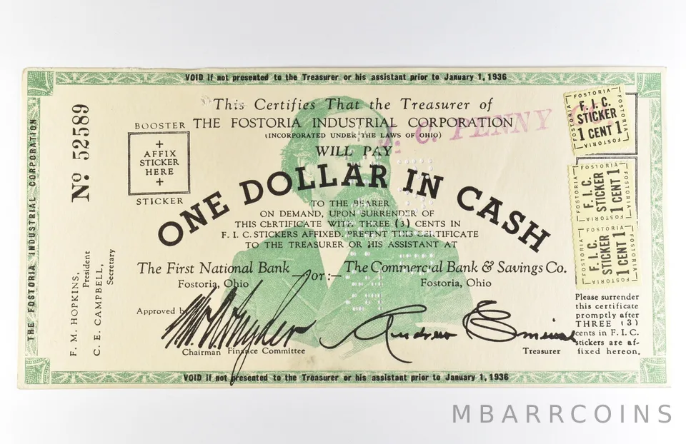 1936 $1 Fostoria OH Industrial Corporation Obsolete Note *8571