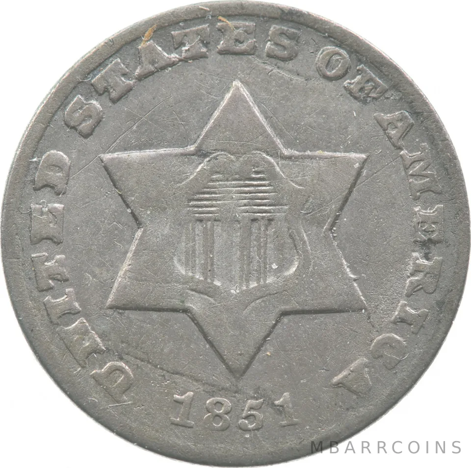 1851-O Silver Three Cent Trime Large L *5683