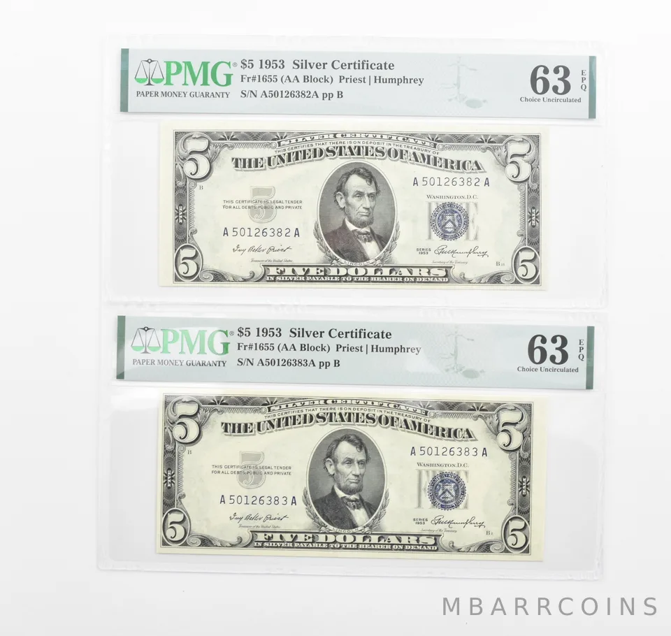 Lot (3) PMG 63 EPQ 1953 $5 Silver Certificate Consecutive Notes Fr#1655 *1157