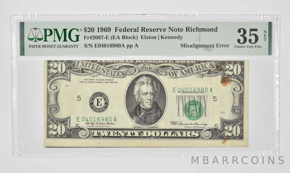 $20 1969 Richmond VA FRN PMG 35 NET Choice VF Fr# 2067-E Misalignment Err *0930