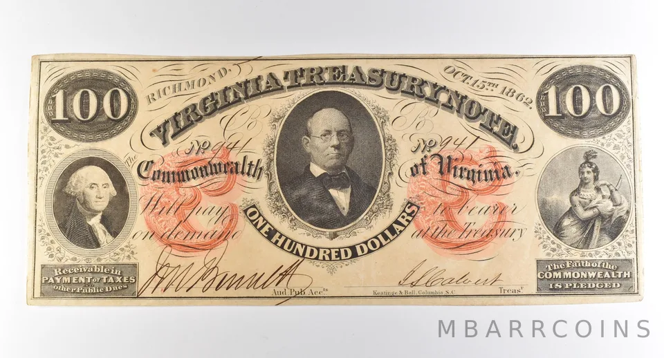 1862 $100 Richmond VA Treasury Note Obsolete Note *3789