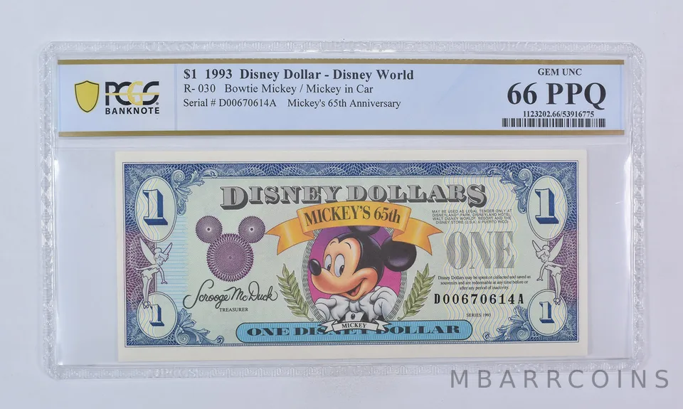1993 $1 Disney Dollar Disney World Bowtie Mickey R-030 Gem Unc 66 PPQ PCGS