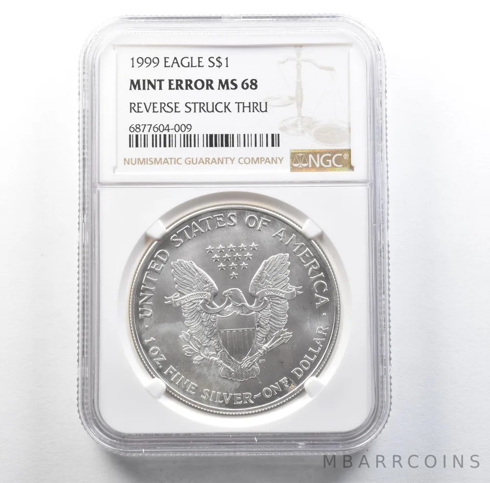 1999 American Silver Eagle Mint Error Reverse Struck Thru MS68 NGC *3120