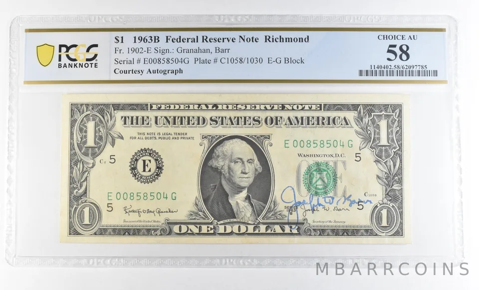 1963 B $1 Richmond VA FRN Courtesy Autograph FR#1902-E AU58 PCGS Barr *0622