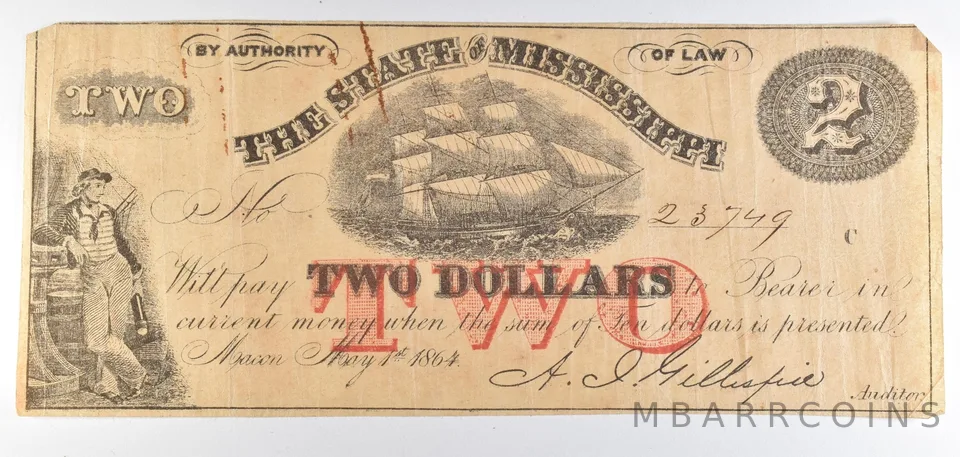 1864 $2 State Of Mississippi Obsolete Note *8668