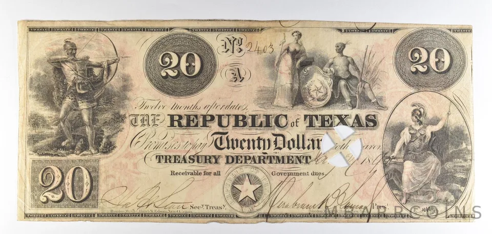 1840 $20 Republic Of Texas Treasury Department Obsolete Note *8686