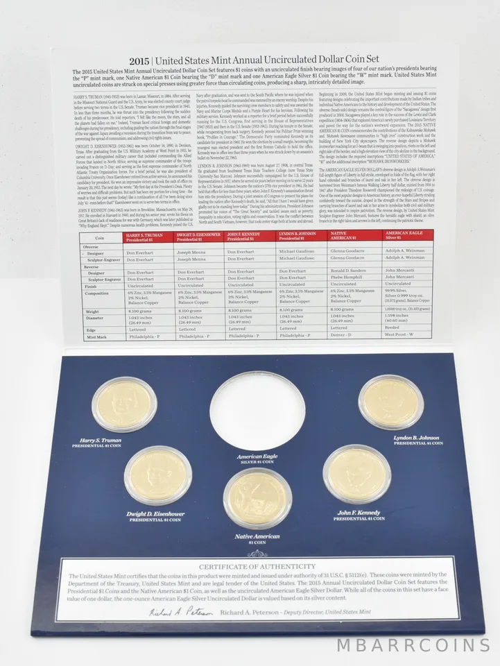 2015 Presidential & Sacagawea US Mint Annual Dollar Set NO ASE (5 coins)