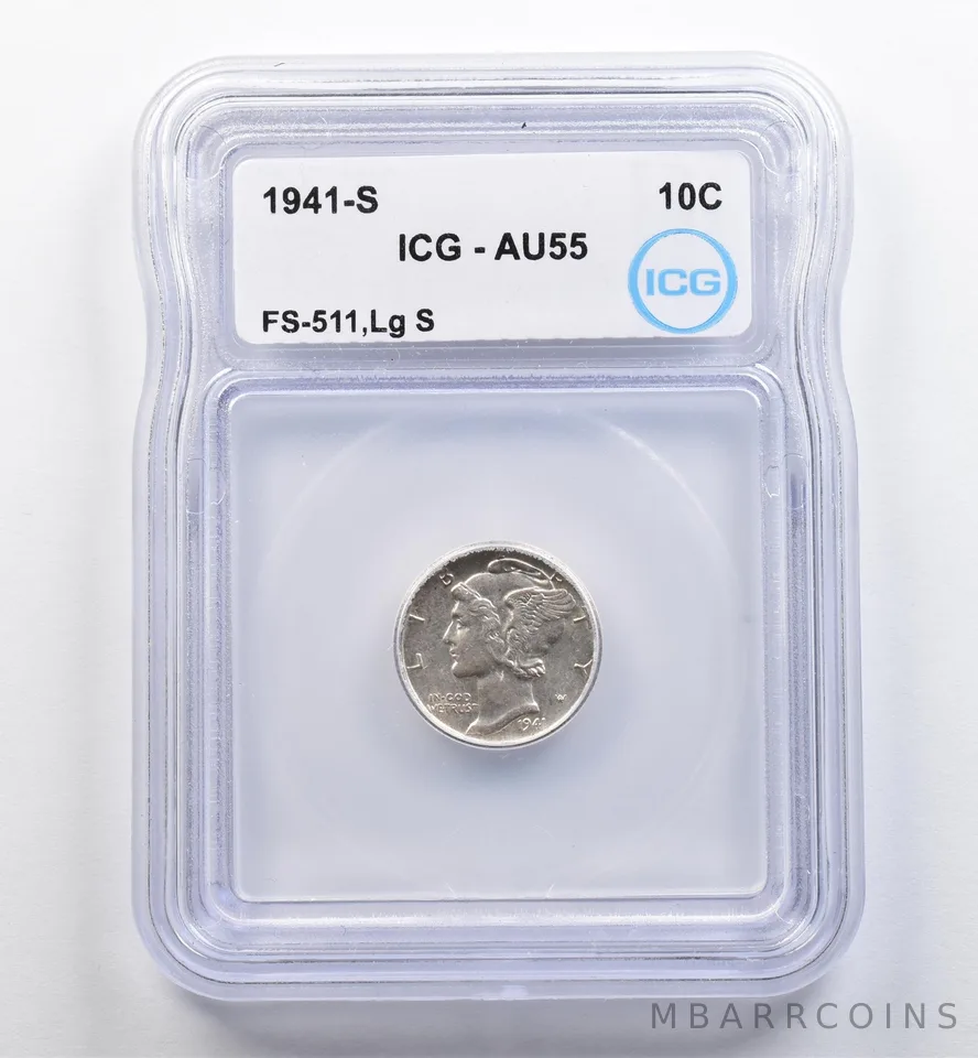 1941-S Mercury Dime FS-511 Large S AU55 ICG *9054
