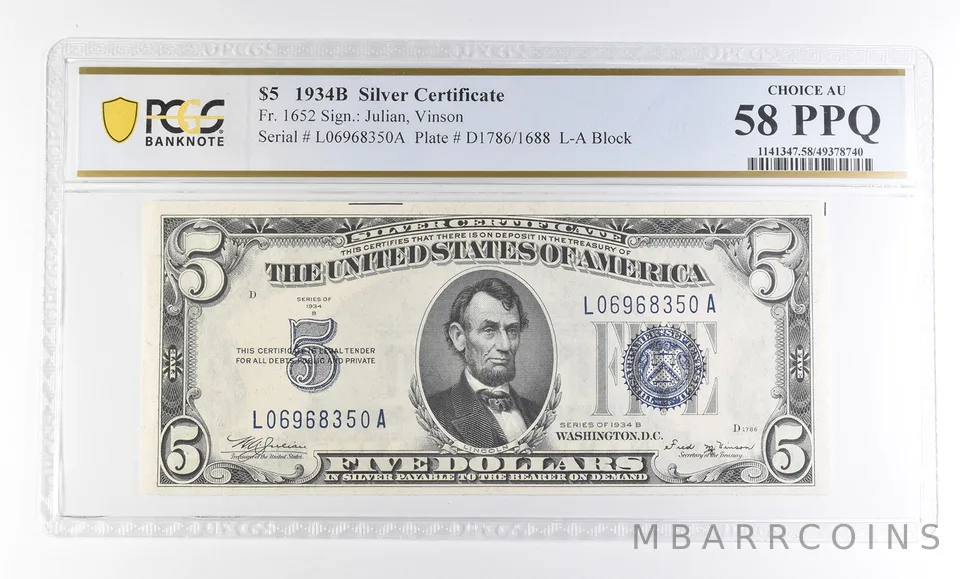 1934 B $5 Silver Certificate Fr#1652 Choice AU 58 PPQ PCGS a2770