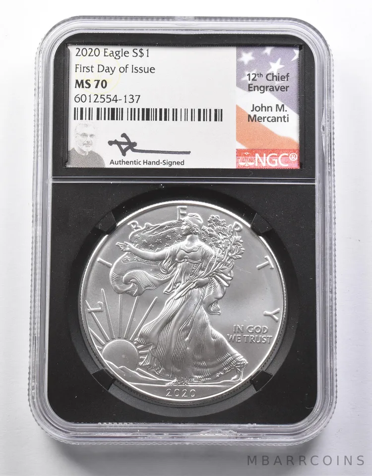 MS70 2020 American Silver Eagle FDOI Mercanti Signed NGC *8675