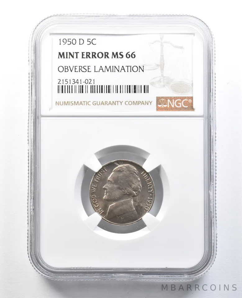 1950-D Jefferson Nickel Mint Error Obverse Lamination MS66 NGC a8224