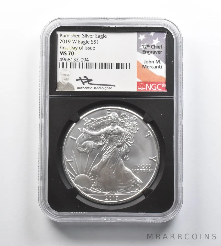 MS70 2019-W Burnished Silver Eagle FDOI Mercanti Signed NGC *0242