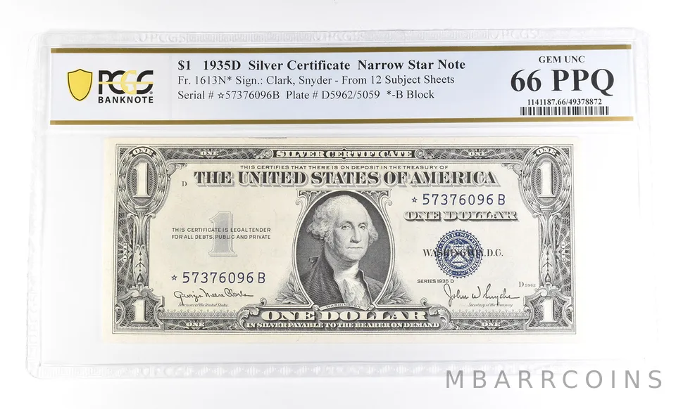 $1 1935 D Silver Certificate Narrow Star Note Fr#1613N* Unc 66 PPQ PCGS a4024