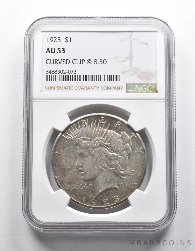 AU53 1923 Peace Silver Dollar Curved Clip @8:30 NGC a1963
