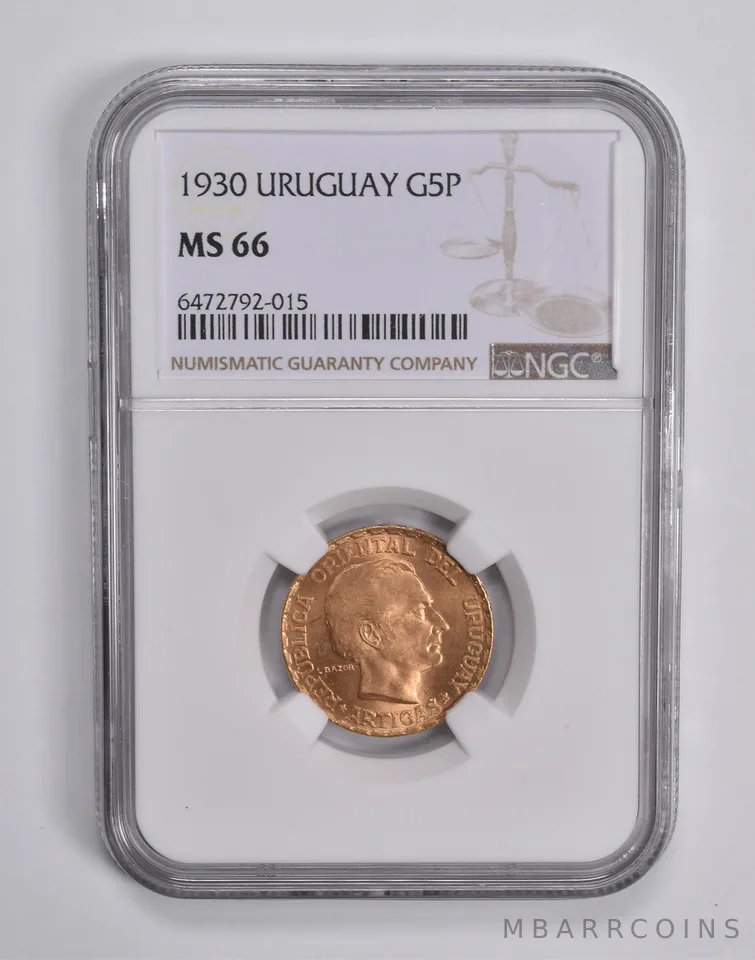 MS66 1930 Uruguay Gold 5 Pesos NGC TOP POP *6515