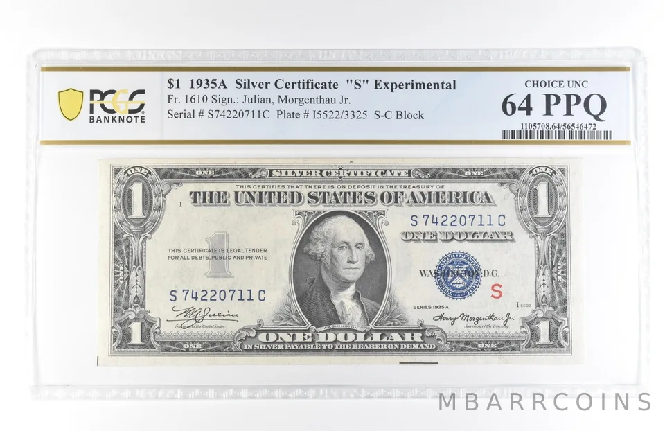 1935 A $1 Silver Certificate S Experimental Fr#1610 Choice Unc 64 PPQ PCGS *5826