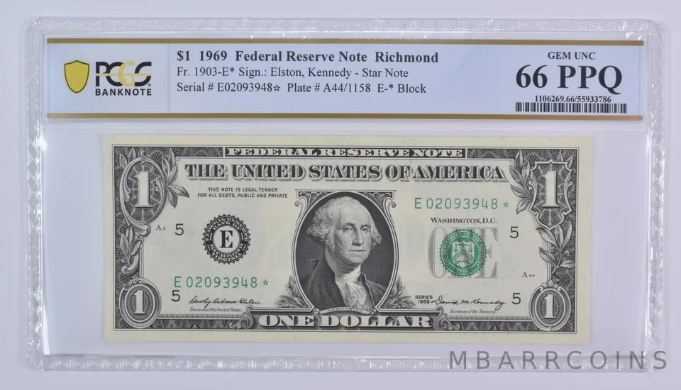 1969 $1 Richmond VA FRN Star Note Fr#1903-E* Gem Unc 66 PPQ PCGS