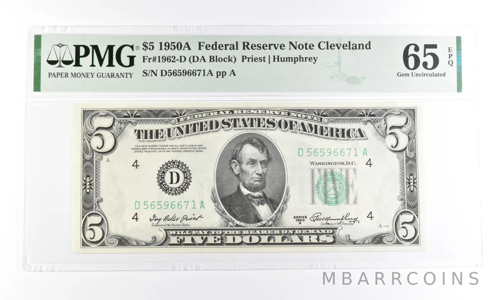PMG 65 Gem Unc EPQ 1950 A $5 Cleveland, OH US FRN Green Seal Fr#1962-D a1026