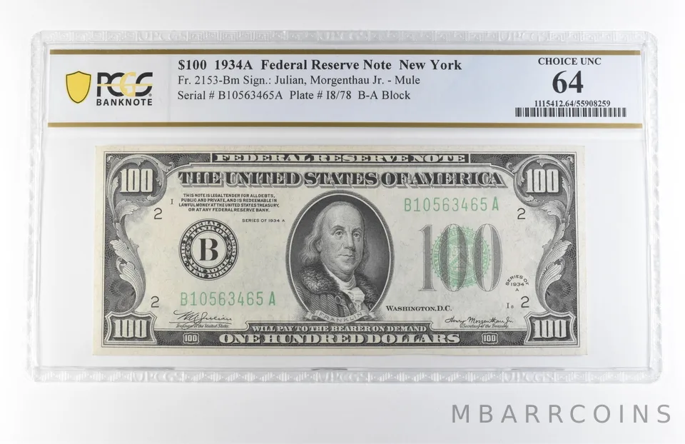1934 A $100 New York NY FRN F3#2153-Bm Mule Choice Unc 64 PCGS *7864
