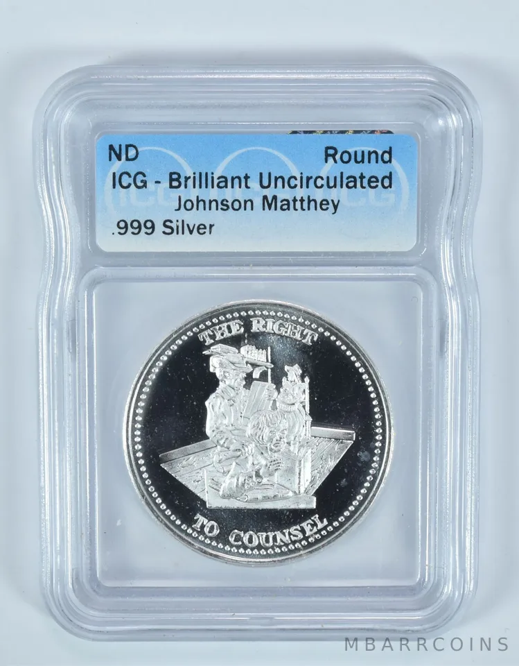 (ND) Silver Art Round 1 Oz Right To Counsel Johnson Matthey BU ICG