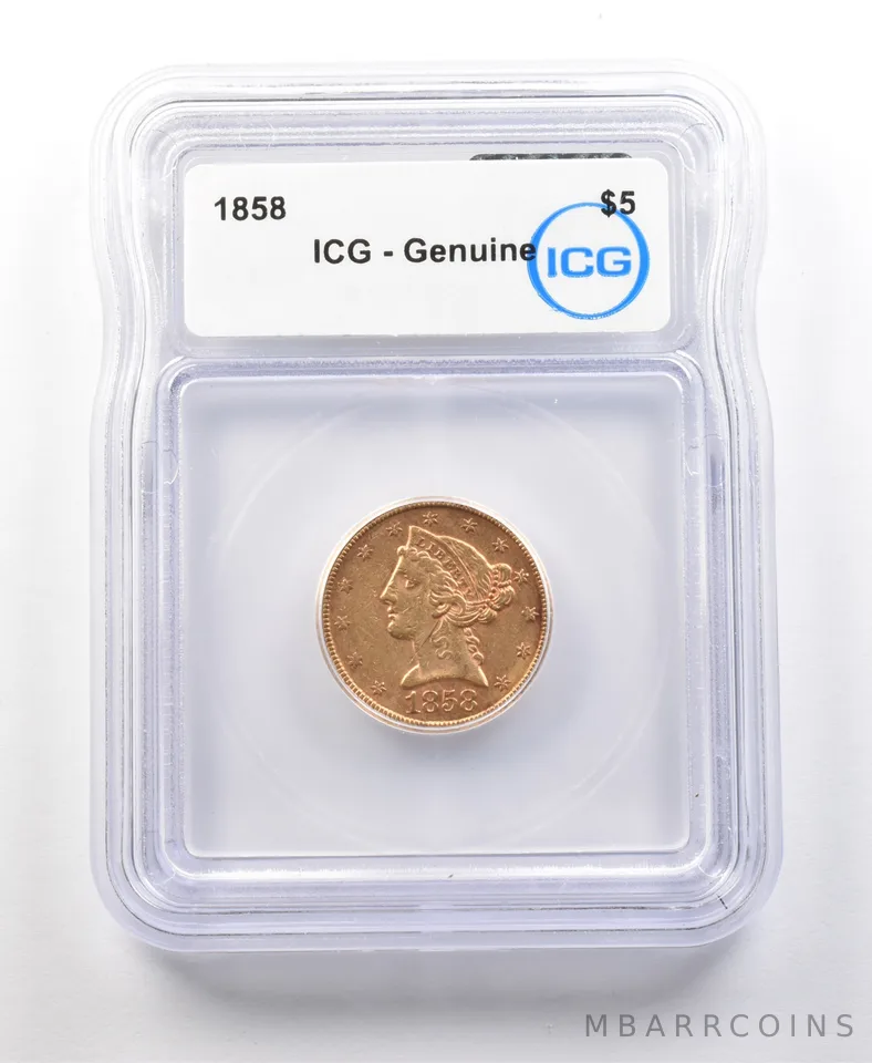 1858 $5 Liberty Head Gold Half Eagle Genuine ICG a1082