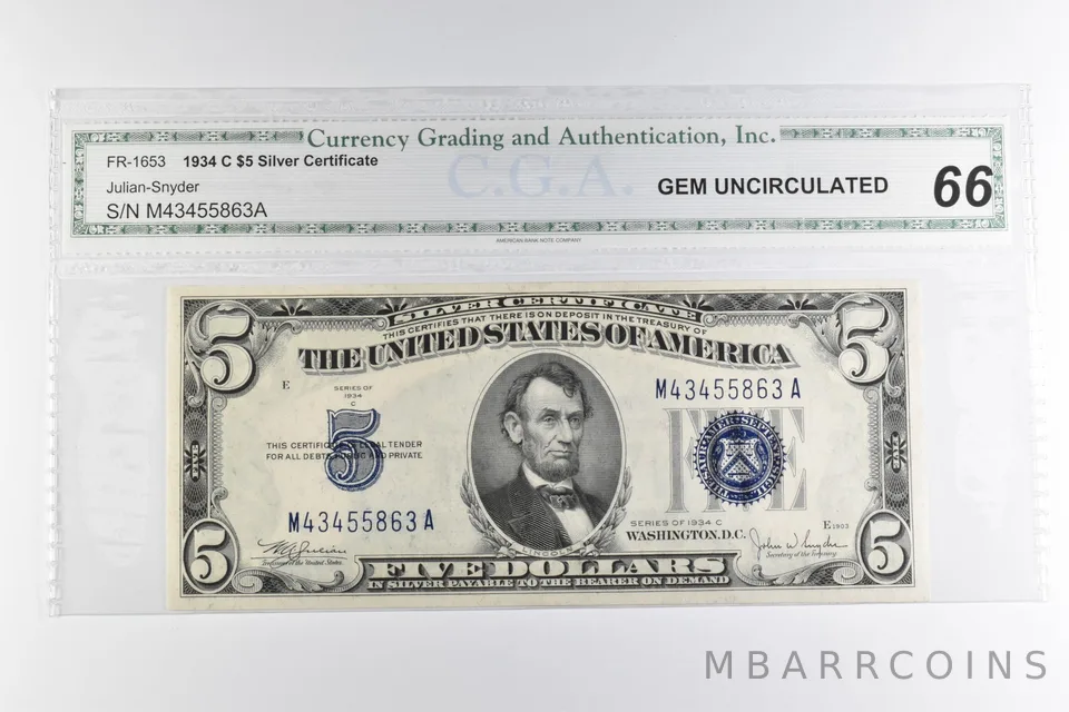 $5 1934-C US Silver Certificate Blue Seal FR-1653 a8179