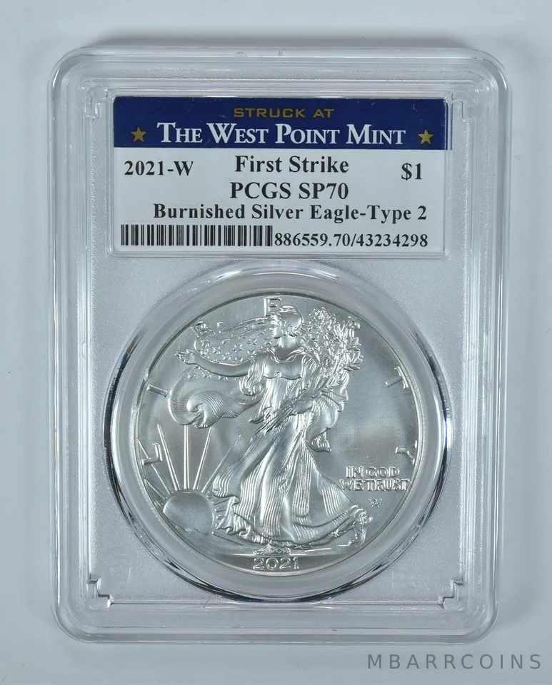 2021-W Burnished Silver Eagle Type 2 First Strike SP70 PCGS WP Label