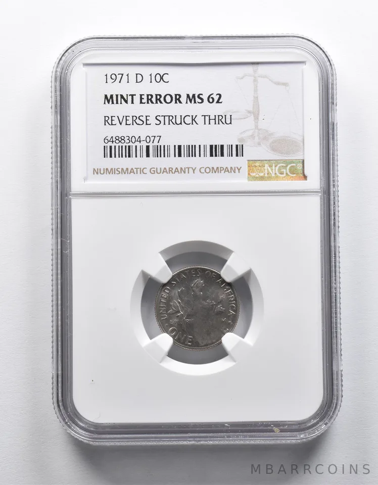 Mint Error MS62 1971-D Roosevelt Dime REV Struck Thru NGC a1870