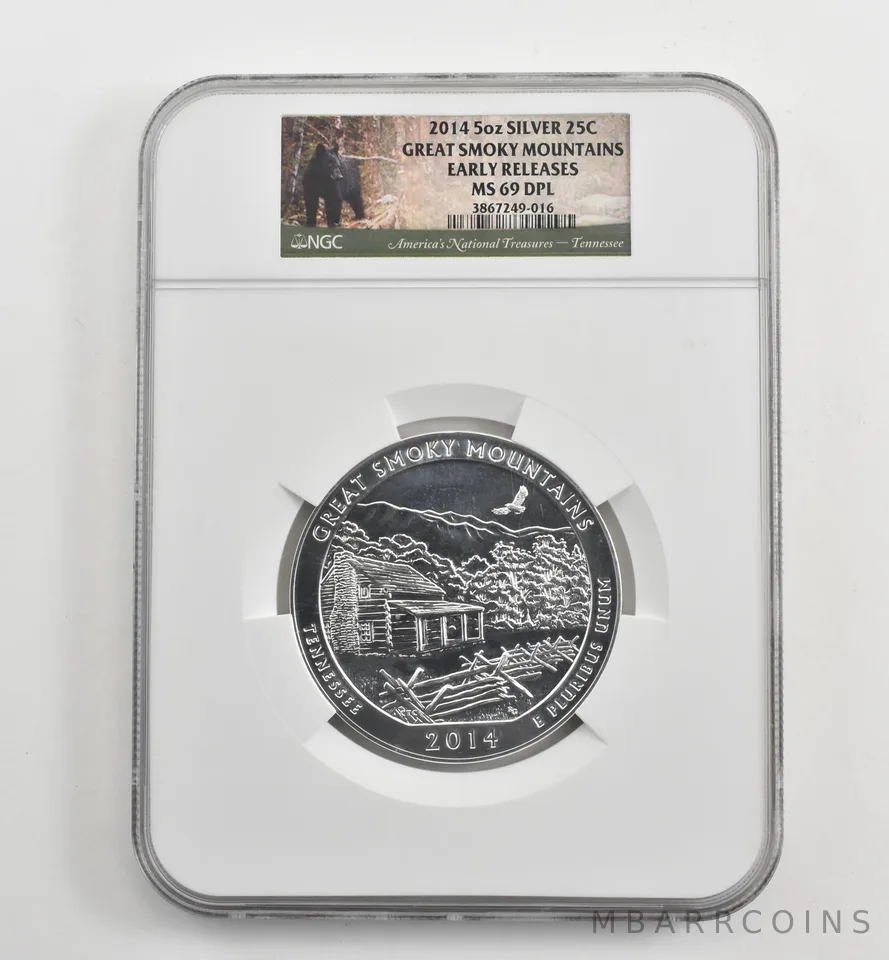 2014 5 Oz Silver Quarter ATB Great Smoky Mountains ER MS69 DPL NGC a1680