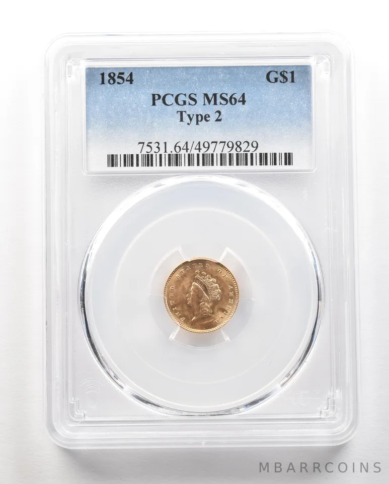 1854 $1 Indian Princess Head Gold Dollar Type 2 MS64 PCGS *4845
