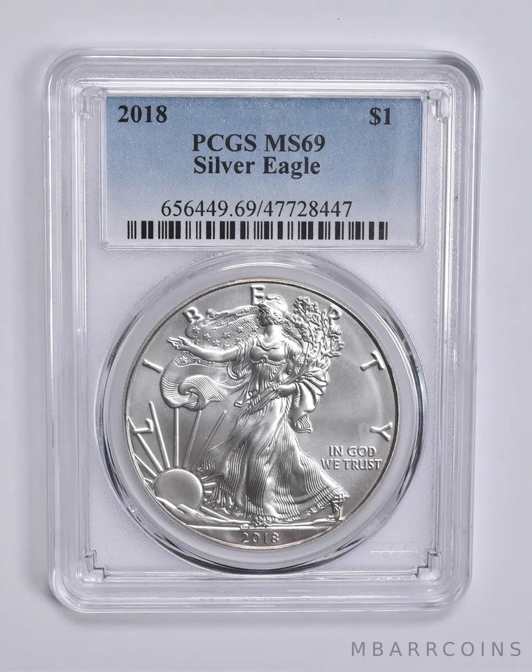 2018 American Silver Eagle 1 Oz MS69 PCGS Blue Lbl