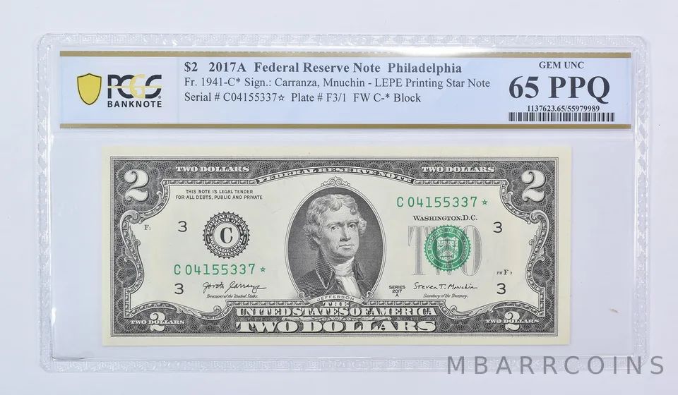 2017 A $2 Philadelphia PA FRN Star Note Fr#1941-C* Gem Unc 65 PPQ PCGS