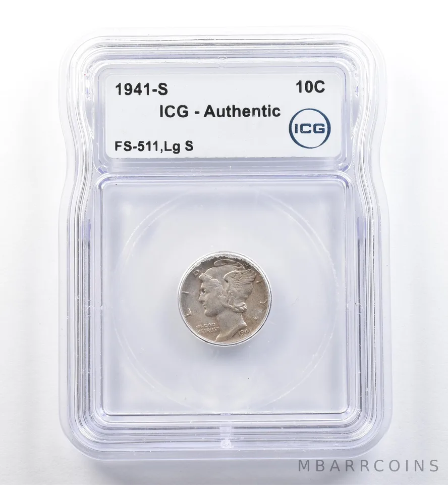 1941-S Mercury Dime FS-511 Lg S Authentic ICG *5986