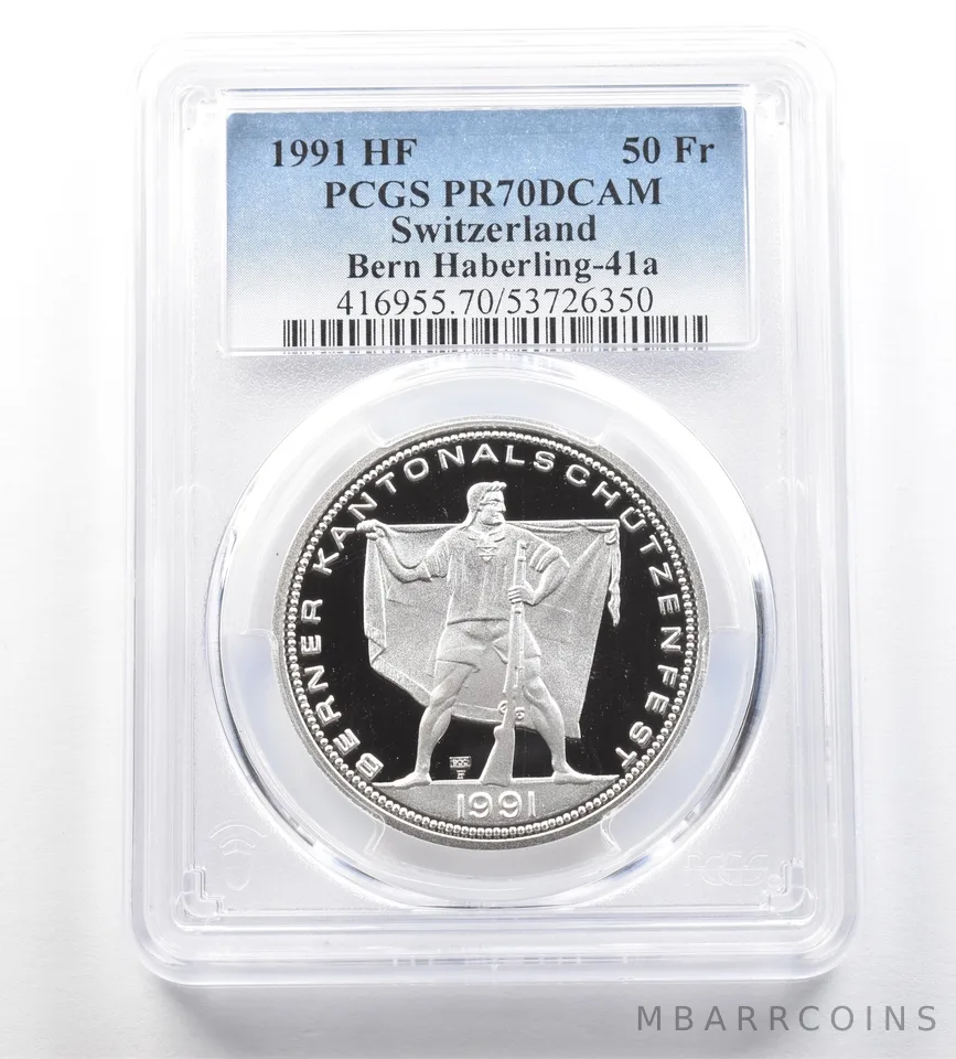 1991 HF Switzerland 50 Francs Bern Haberling PR70 PCGS Shooting Medal *7680