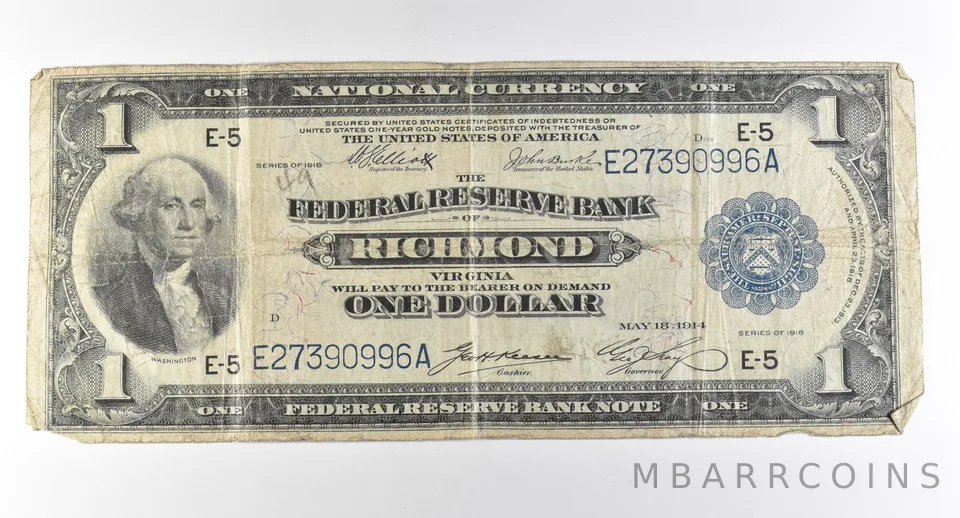 1918 $1 Richmond VA National Currency Large Note Blue Seal *3046