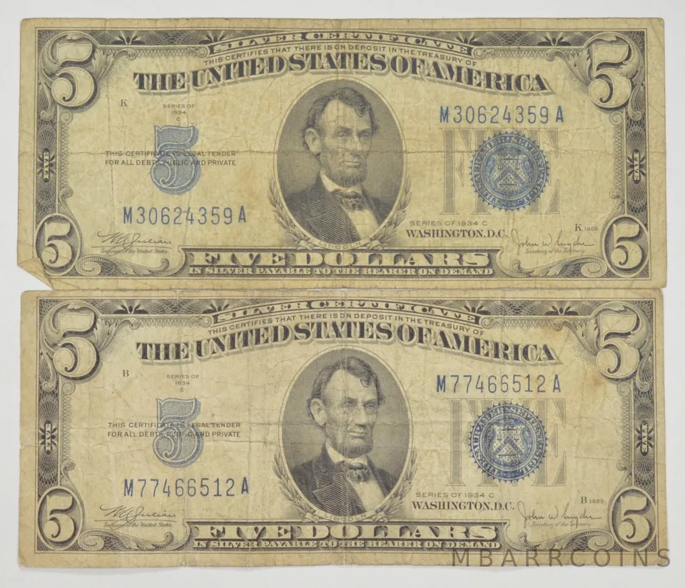 Lot of (2) 1934 $5 Silver Certificate US Bank Note Collection Lot