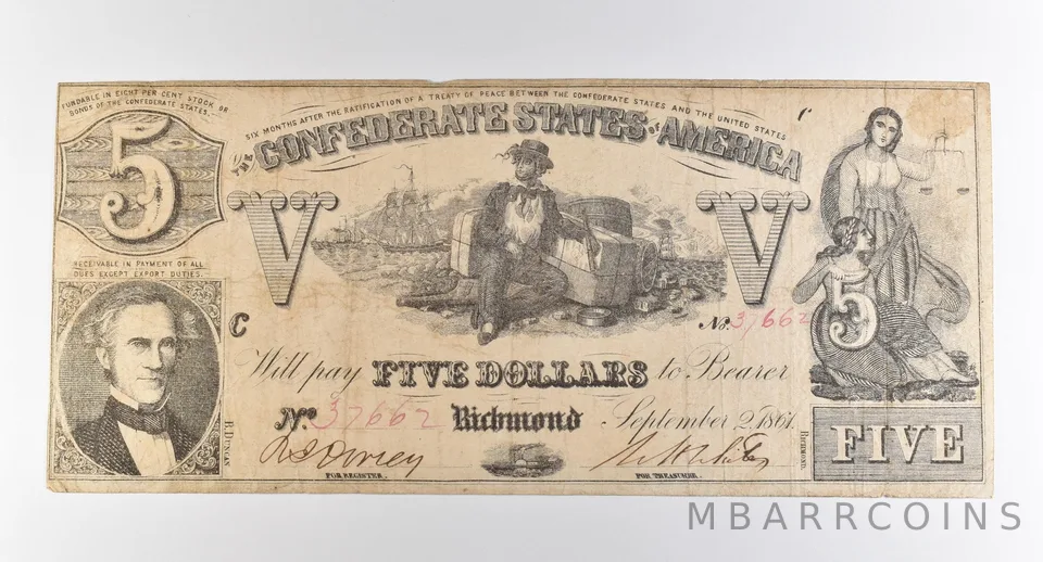 1861 $5 Richmond VA Confederate States Of America Obsolete Note *3873