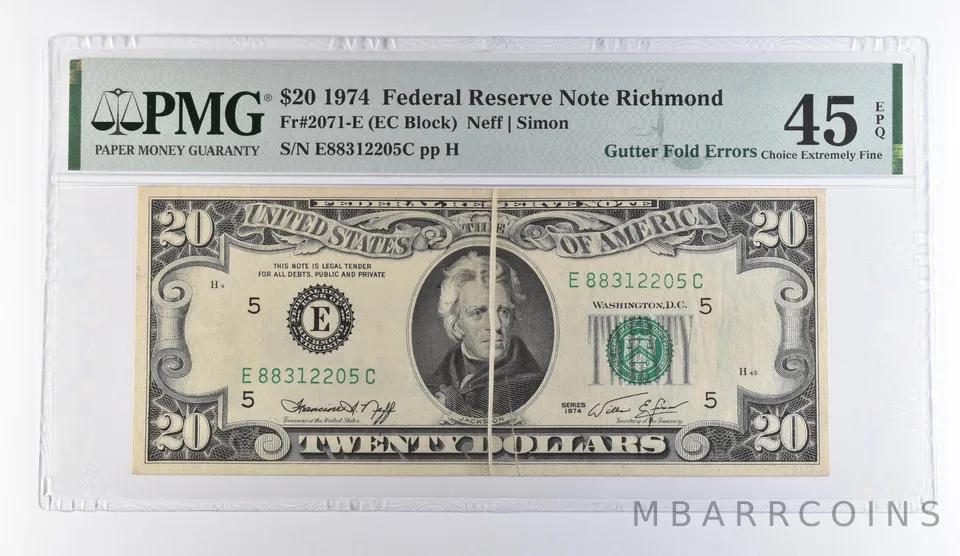 1974 $20 Richmond VA FRN Gutter Fold Errors Fr#2071-E Choice XF 45 EPQ PMG *9476