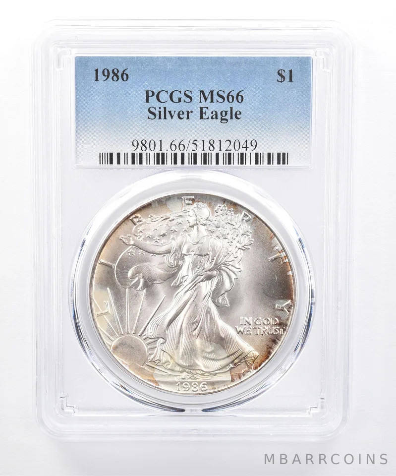 1986 American Silver Eagle MS66 PCGS Yellow Sheen *8515