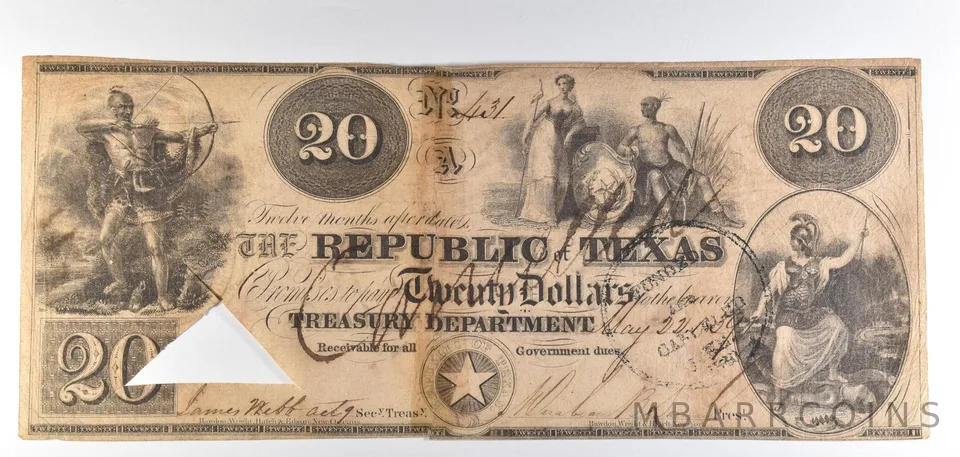 1839 $20 Republic Of Texas Treasury Department Obsolete Note *8684