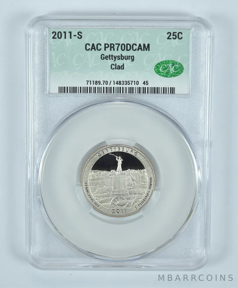 2011-S Washington Quarter Gettysburg CLAD ATB PR70 DCAM CAC CACg