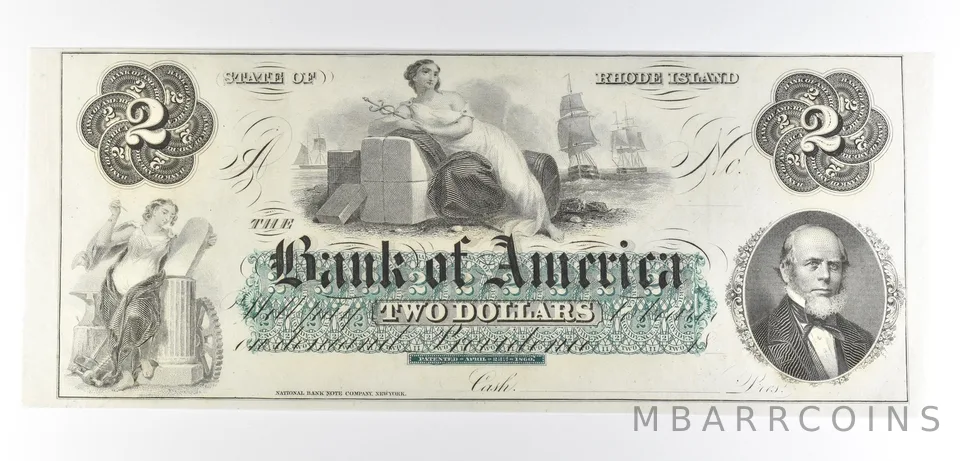 1800s $2 Rhode Island Bank Of America Obsolete Note *8565