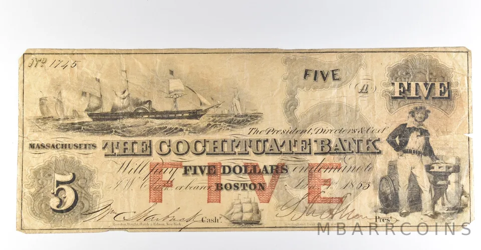 1853 $5 Boston MA Cochituate Bank Obsolete Note *8414